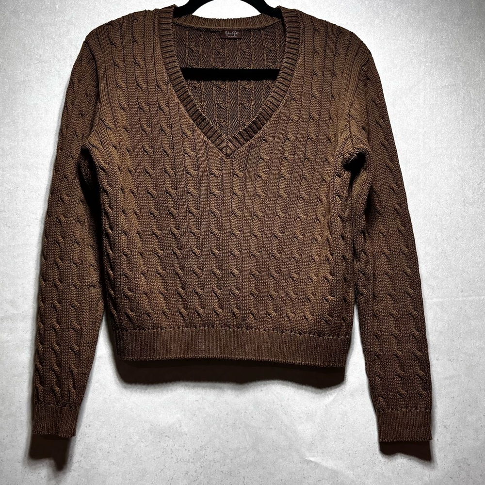 John Galt Brown V-Neck Cable Knit Sweater, One Size